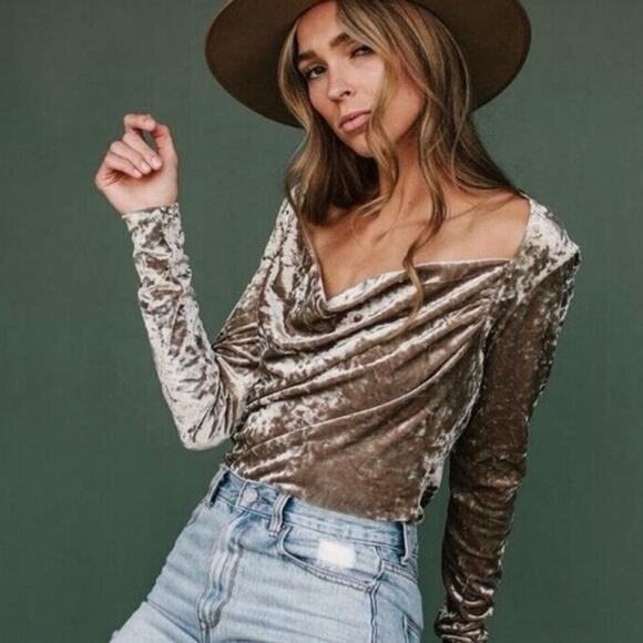 Free People Tops - FREE PEOPLE | Perfect Date Cowlneck Golden Brown Velvet Long Sleeve Top Medium